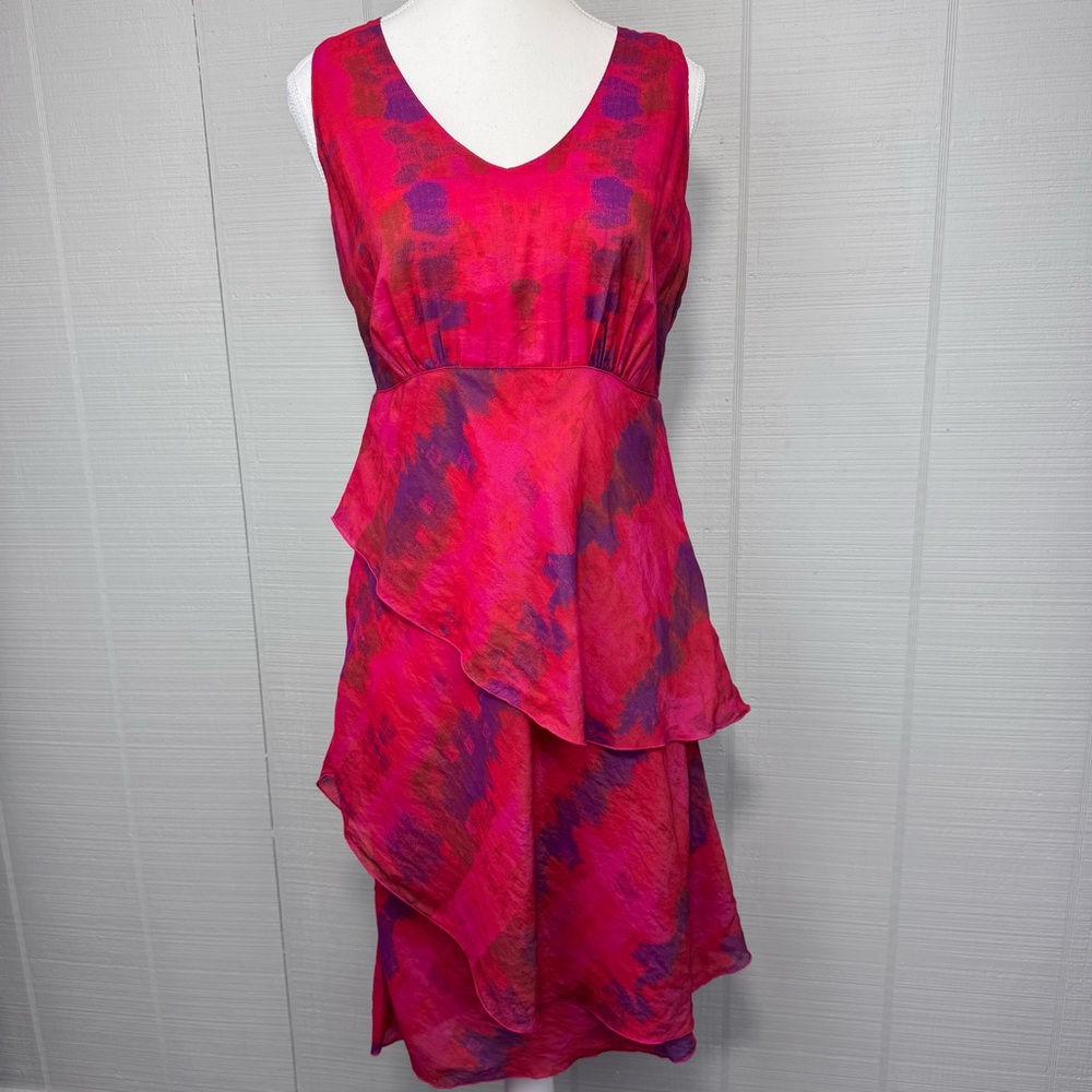 C.M.C Color Me Cotton Sleeveless V-neck Midi Ruffle Dress Pink Purple Abstract